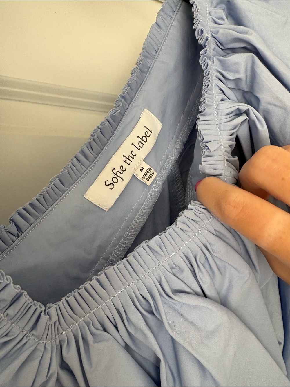 Ruffle V-Neck Sofie The Label Dress in Light Blue with white trim. Like new - Picture 5 of 5